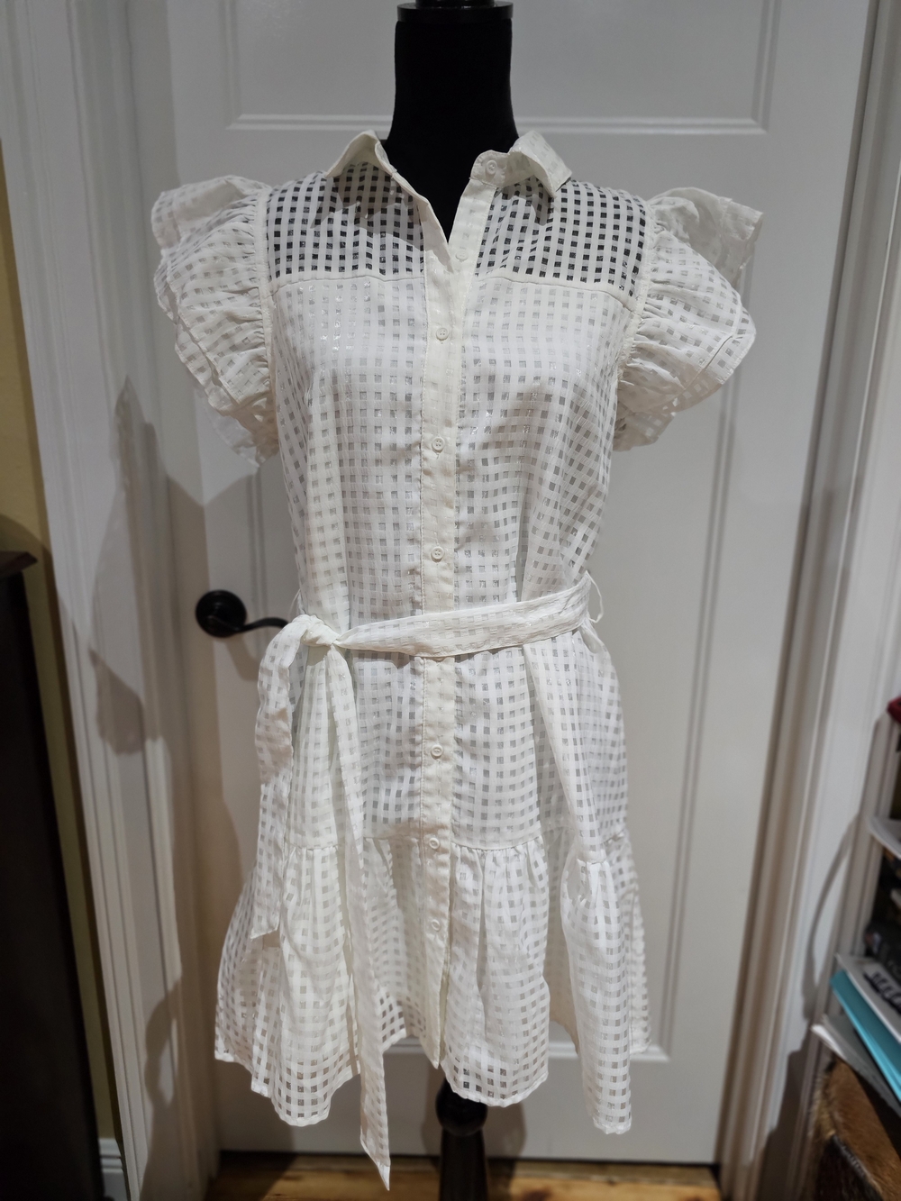 entro White Sheer & Shimmering Button-Front Tie-Waist Sundress, NWT